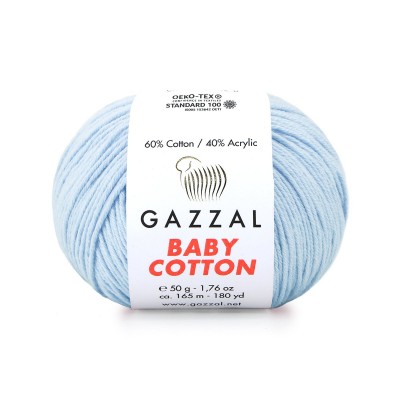 Пряжа Gazzal Baby Cotton (60% хлопок, 40% акрил) 50 г 165 м, 3429 бледно-голубой