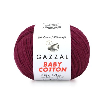 Пряжа Gazzal Baby Cotton (60% хлопок, 40% акрил) 50 г 165 м, 3442 вишневый