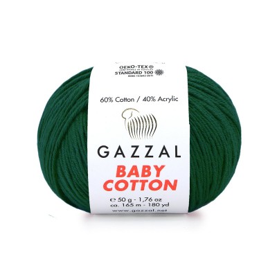 Пряжа Gazzal Baby Cotton (60% хлопок, 40% акрил) 50 г 165 м, 3467 изумруд