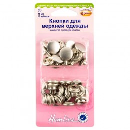 Кнопки для верхней одежды Hemline, цвет серебристый, диаметр 15 мм, 12 пар